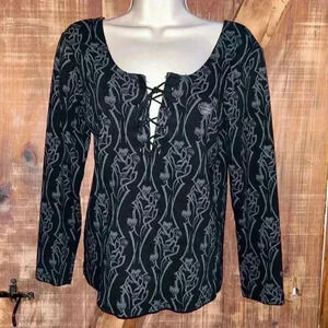 Harley-Davidson Womens Roses Lace Up 3/4 Sleeve T-shirt Large Black Grey